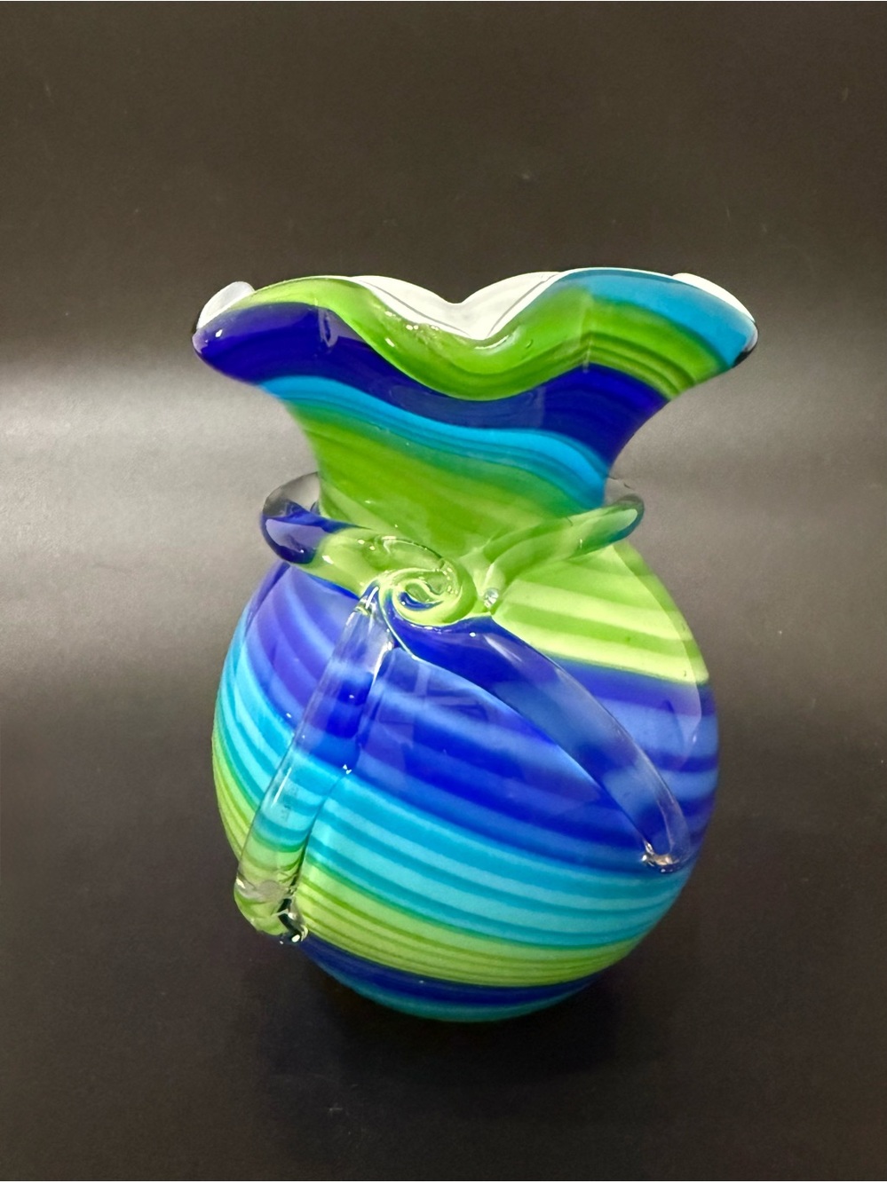 Handblown Glass Cased Swirled Stripe Blue & Green Ruffled 5.5” Vase